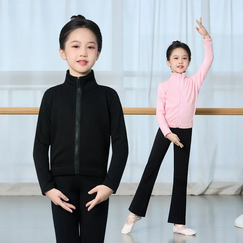 Girls Ballet Tops Pink Velvet Inner Dance Jacket Thermal Zip Up Kids Long Sleeve Dance Clothing Winter Turtleneck Ballet Coat