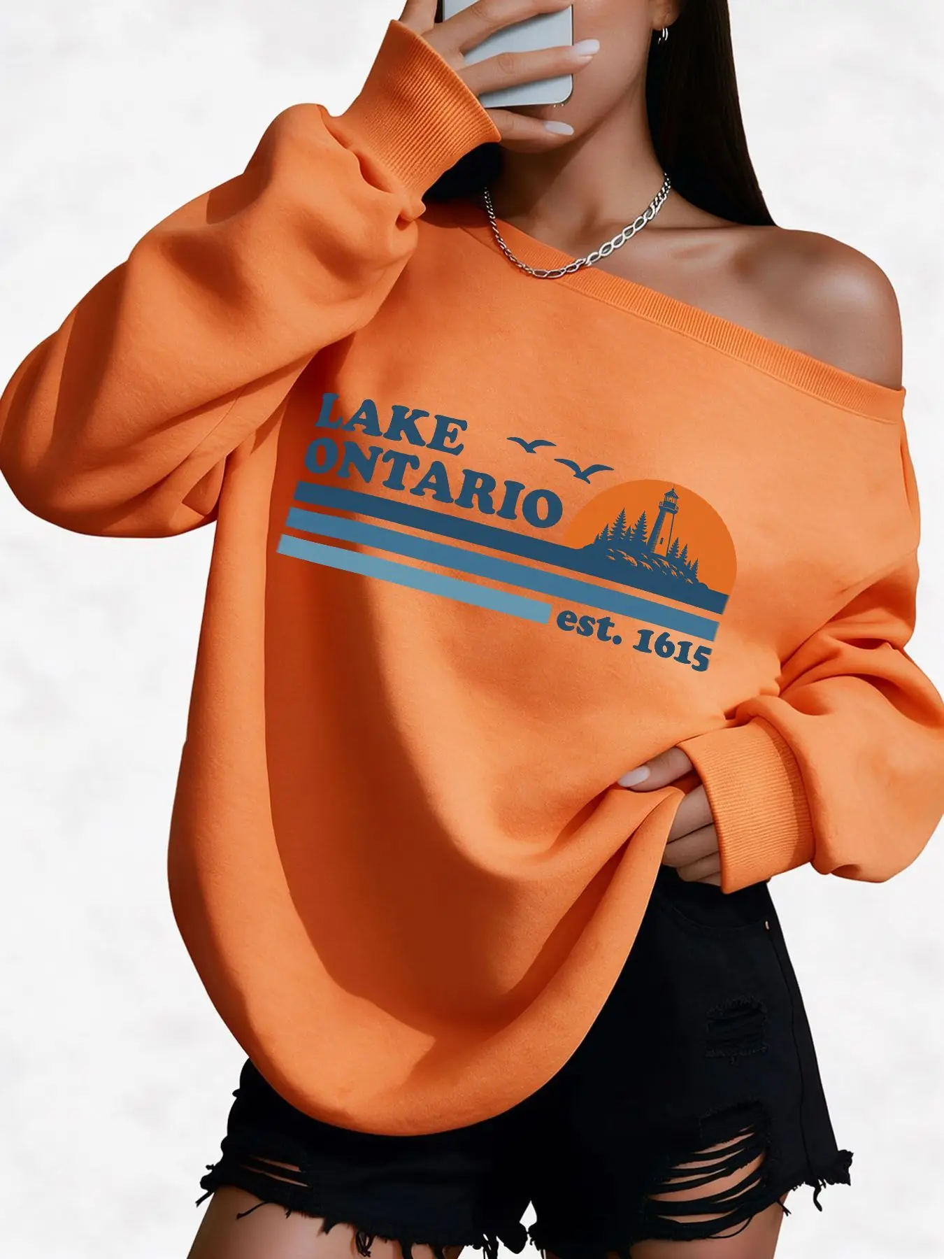 Plus Size 50% Cotton Lake Ontario Lighthouse Graphic Print Pullover High Quality Women'S Off-Shoulder Wide Neck Sweatshirt Wa