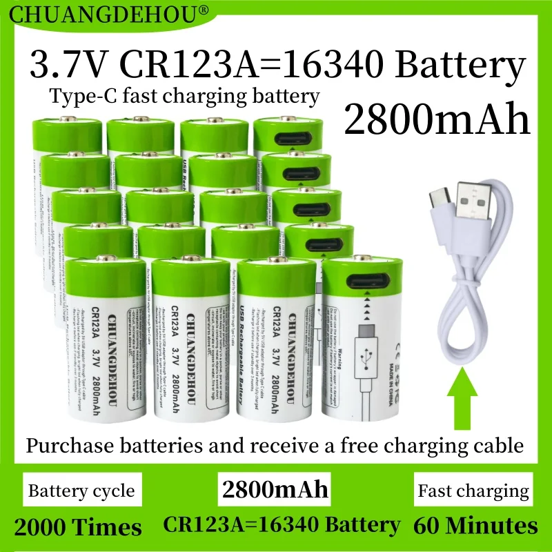 

New Cr123A Battery 3.7V 2800Mah Type-C Fast Rechargeable Battery, Cr123A=16340 Rechargeable Battery Can Be Recycled 2000 Times, Suitable for Safety, Leak-Proof Cameras/Flight, Long Battery Life, Durable