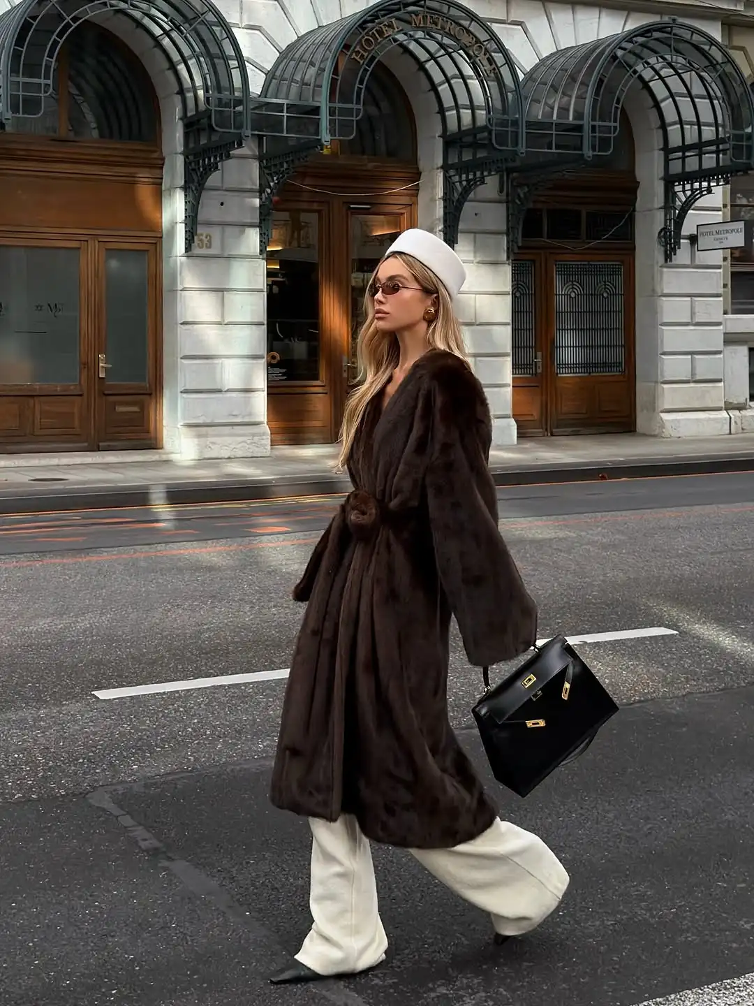 Retro Luxe Brown Faux Fur Belted Coat Plush Stylish Trendy Female Outerwear Fall High-end Commuter Vintage Women Street Outfit