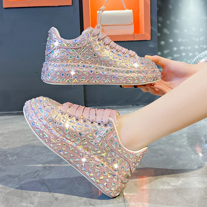 Sepatu wanita, Sneaker Platform berlian imitasi berkilau 5CM, sepatu desainer untuk wanita, nyaman, Sneaker Bling