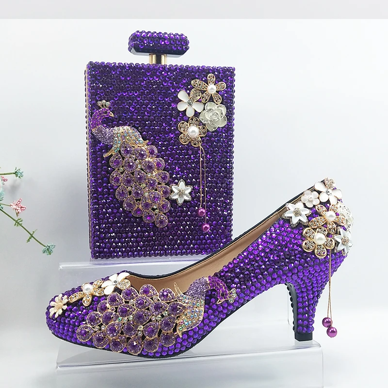 BaoYaFang Round Toe Purple crystal Peacock Bridal Wedding shoes and bag set Fashion woman High heel platform shoes Ladies Pumps