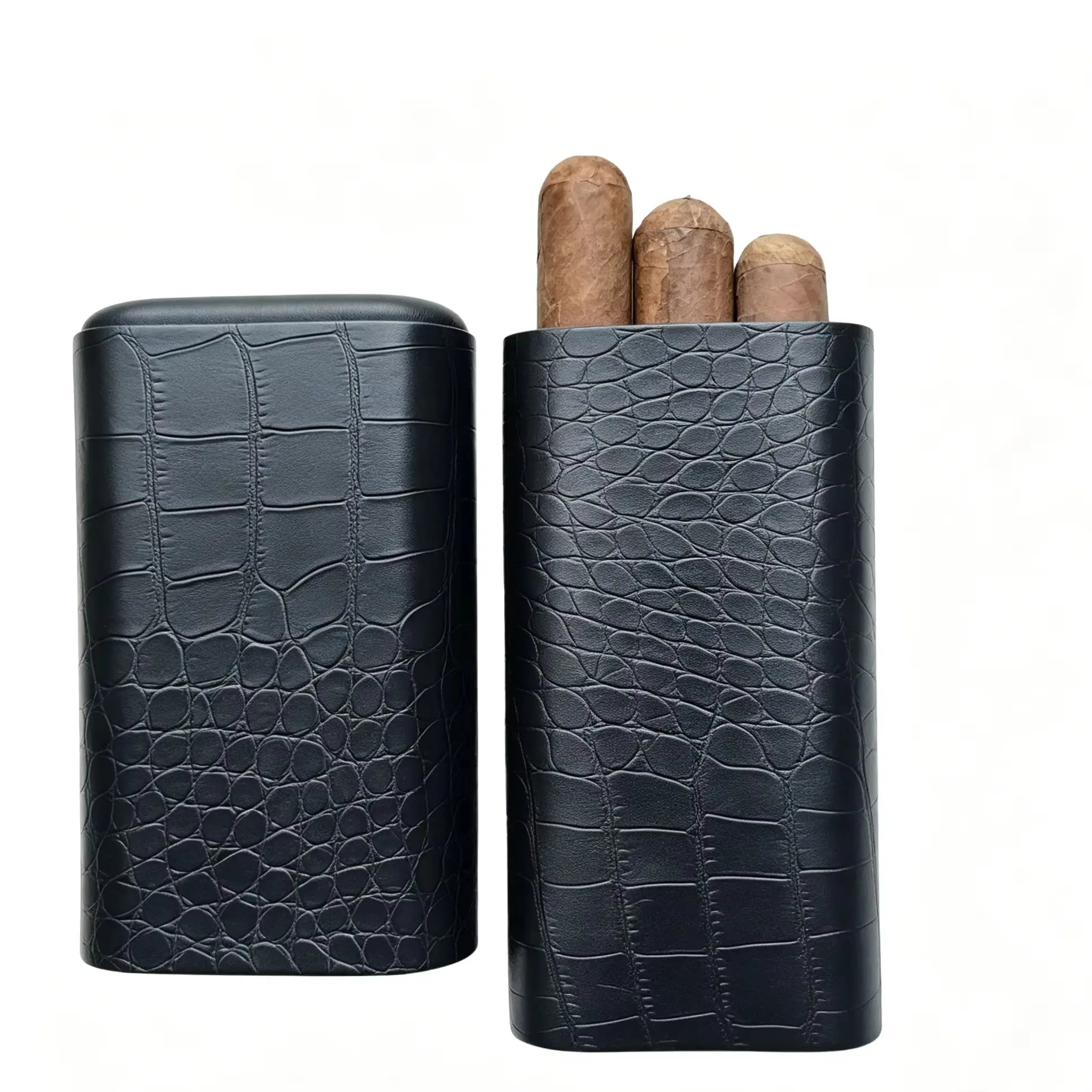 Crocodile Pattern Leather Cigar Case Black Travel Humidor for Cuban Cigars Men's Gift - Premium Cigar Holder Smoking Accessory