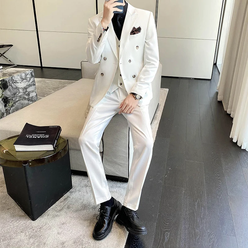 Blazer Vest Pants High-end Boutique Fashion Solid Color Casual Business Office Men\'s Double-breasted Suit Wedding Dress Party