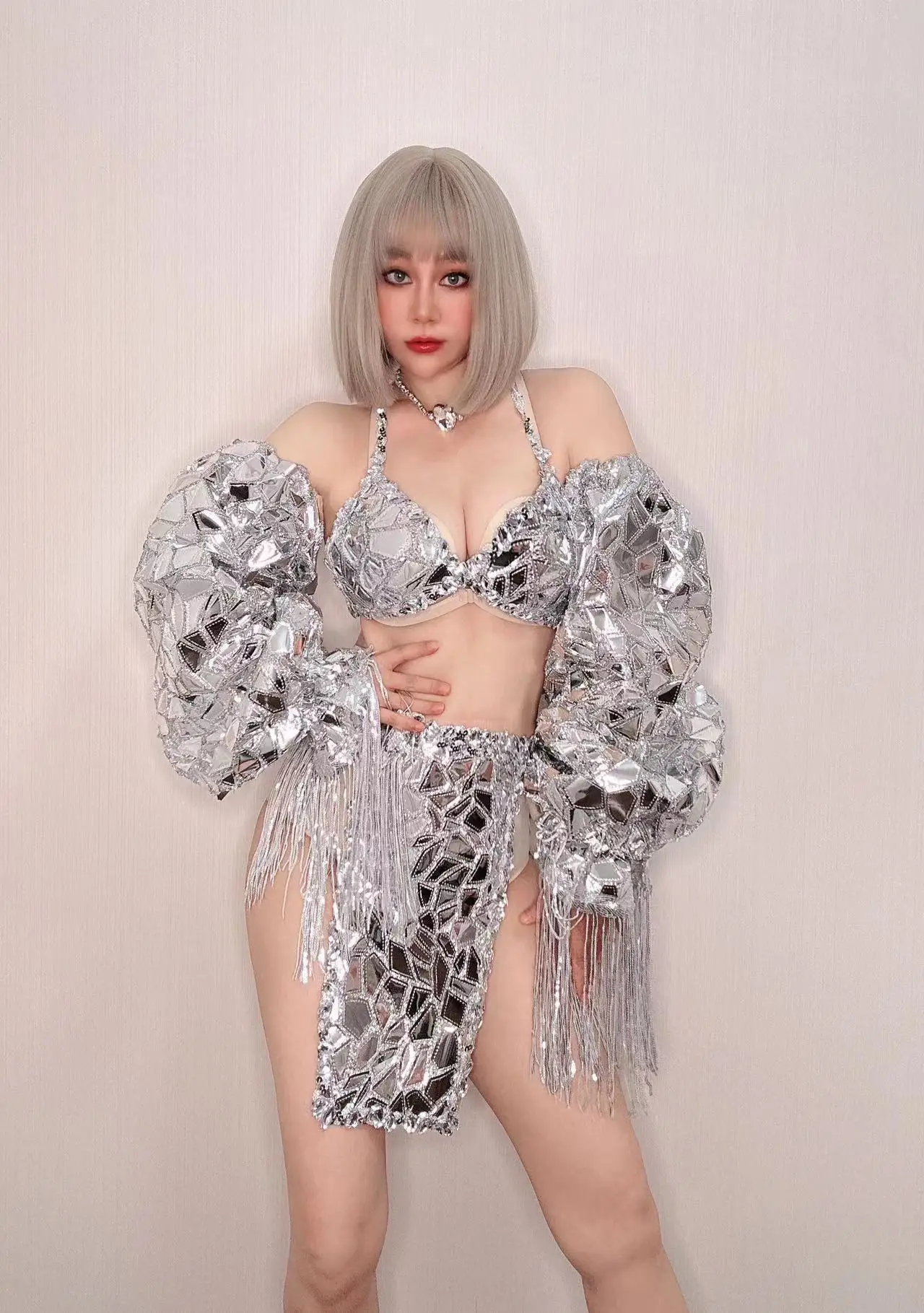 Sexy costume Silver Bikini halloween rave outfits festival gala club disguise showgirl drag outfit gogo danc