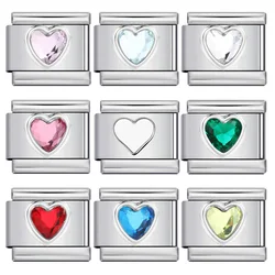 URING Fashion Colorful Zirconia Heart Italian Charm Link Fit 9mm Bracelets Stainless Steel Women Men Making DIY Jewelry