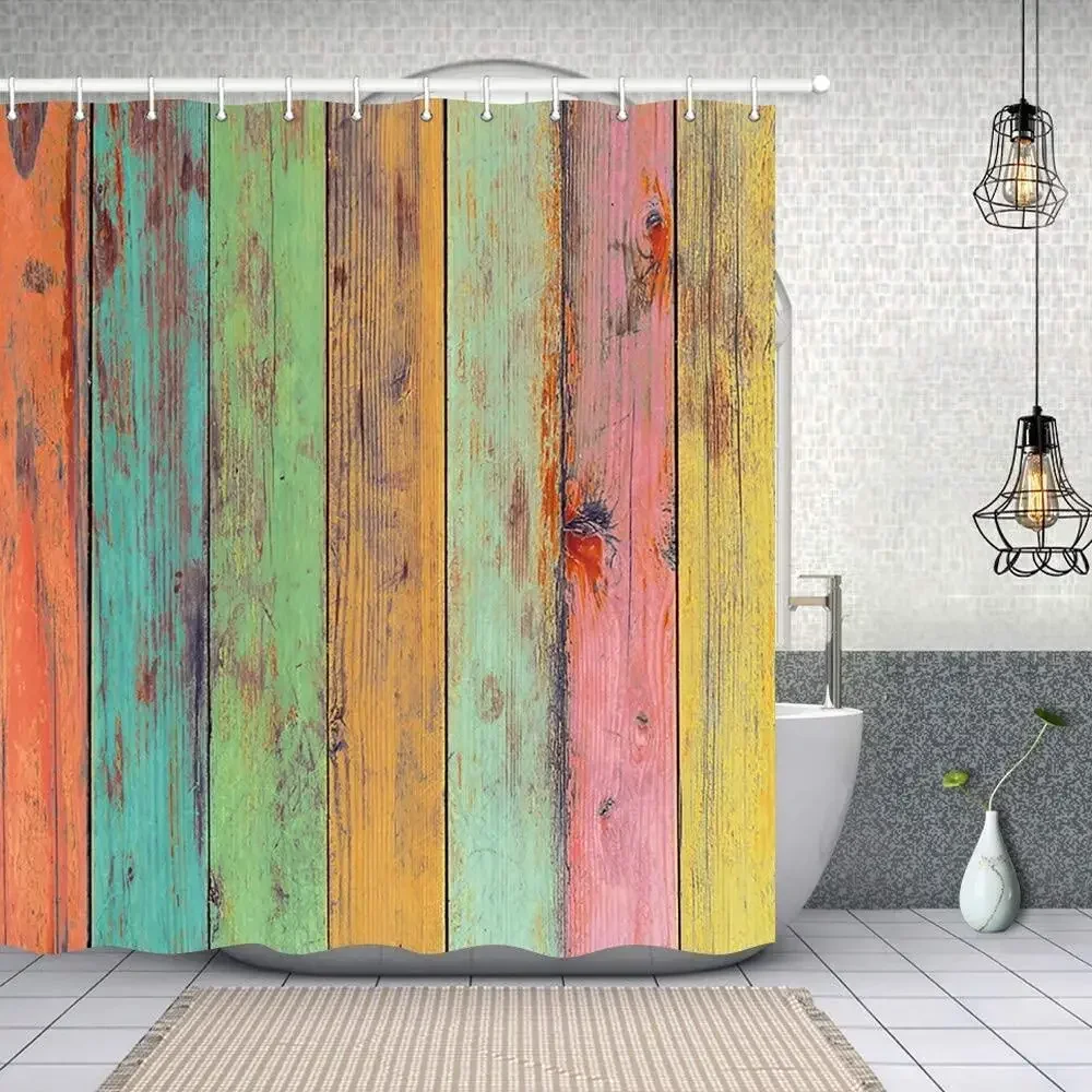 Vintage Colorful Rustic Wooden Artwork Painted on Board Plank Shower Curtains Polyester Fabric Farm House Barn Door Bath Curtain