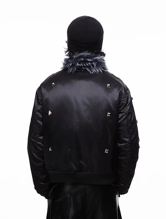 Winter American High Street Short Black Fur Collar Cotton Jacket Men's Punk Style Rivet Thickened White Navy Blue Coat