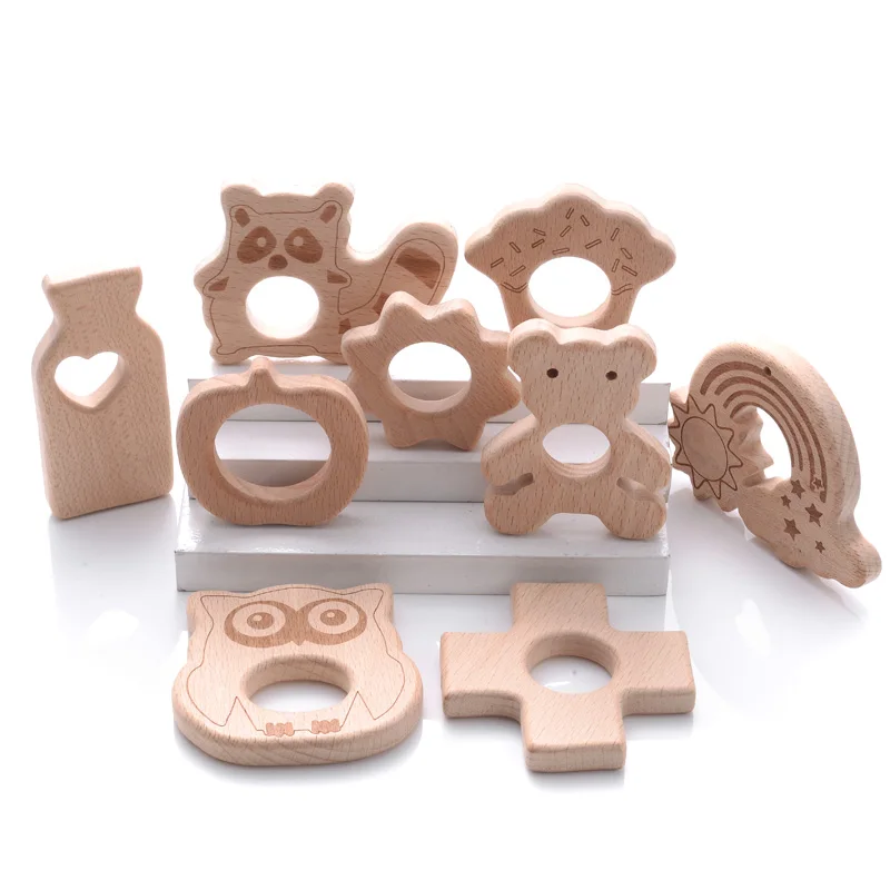 10Pcs/Lot Wooden Mini Animal Elephant Airplane Baby Teether DIY BPA Free Baby Pacifier Chain Nursing Teether Pendant Toys Gift