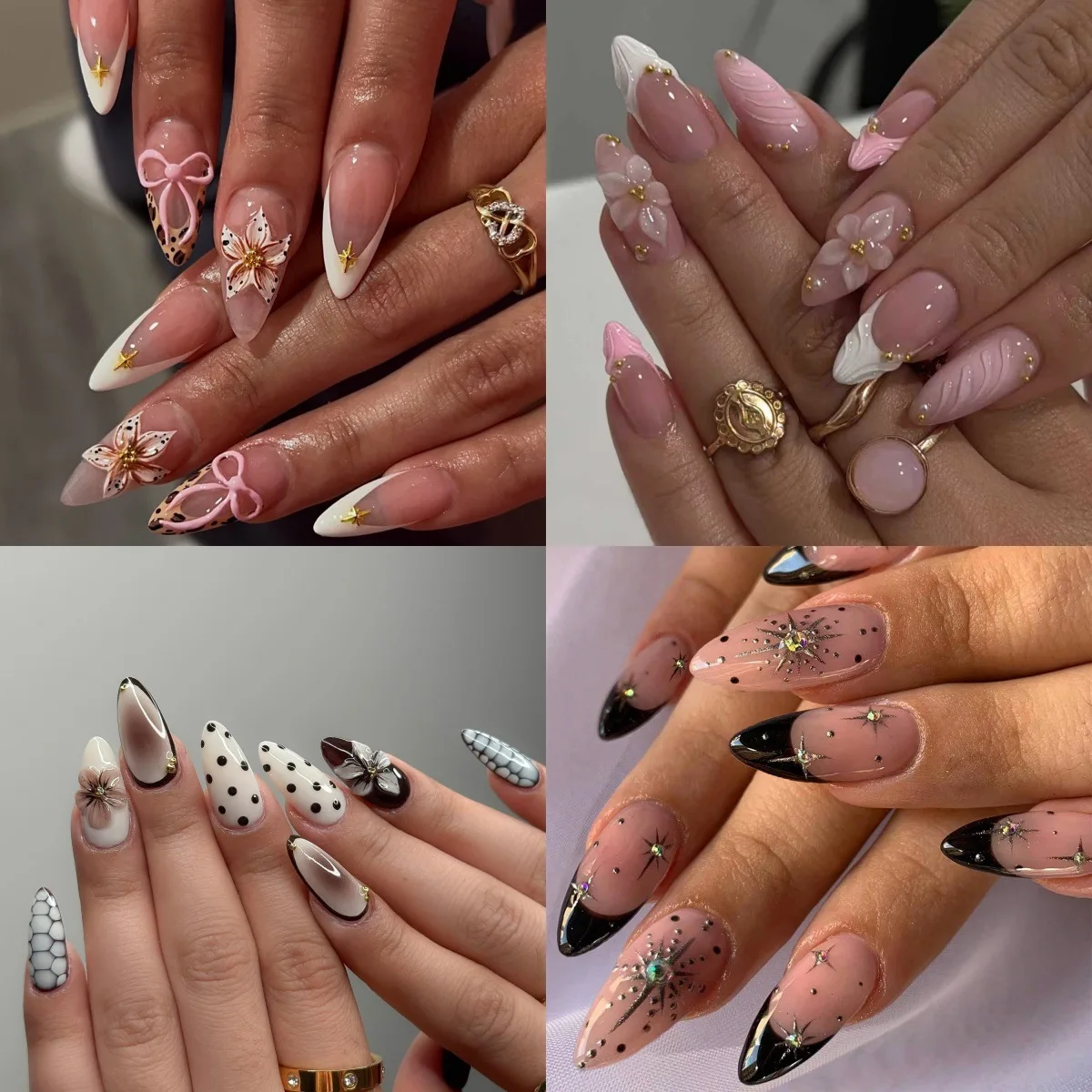Ins Style 3D Long Almond Press On Nails False Nail Tips Stick On Nails