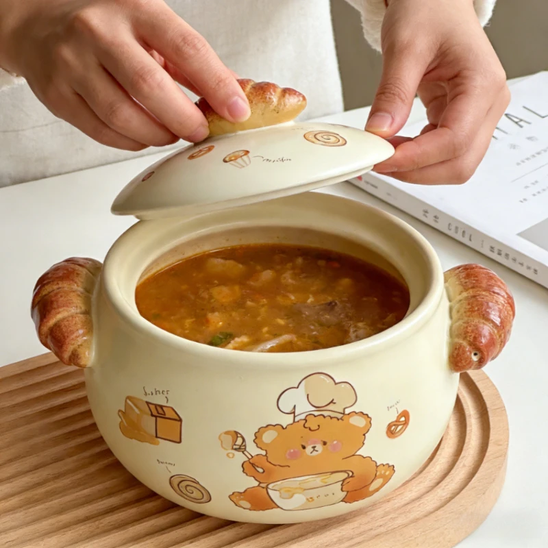 

Милая 3D-кассероль в форме мультяшного хлеба с крышкой, креативная керамическая кастрюля для дома, для супов и тушеных блюд, милая мультяшная керамическая кастрюля для супа