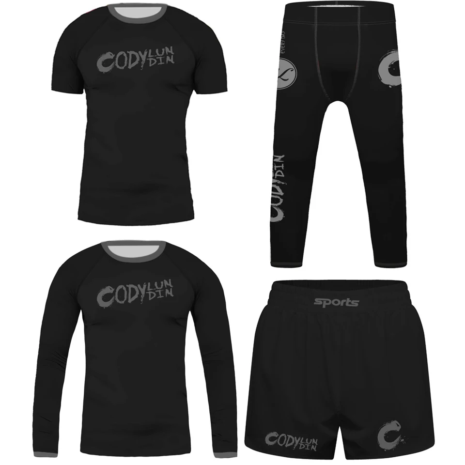 Black Jiu Jitsu Rashguard MMA T-shirt +Pants For Kid 4PCS/Set Brazilian Grappling Bjj Boxing Rash Guard Boy's Clothing Shorts