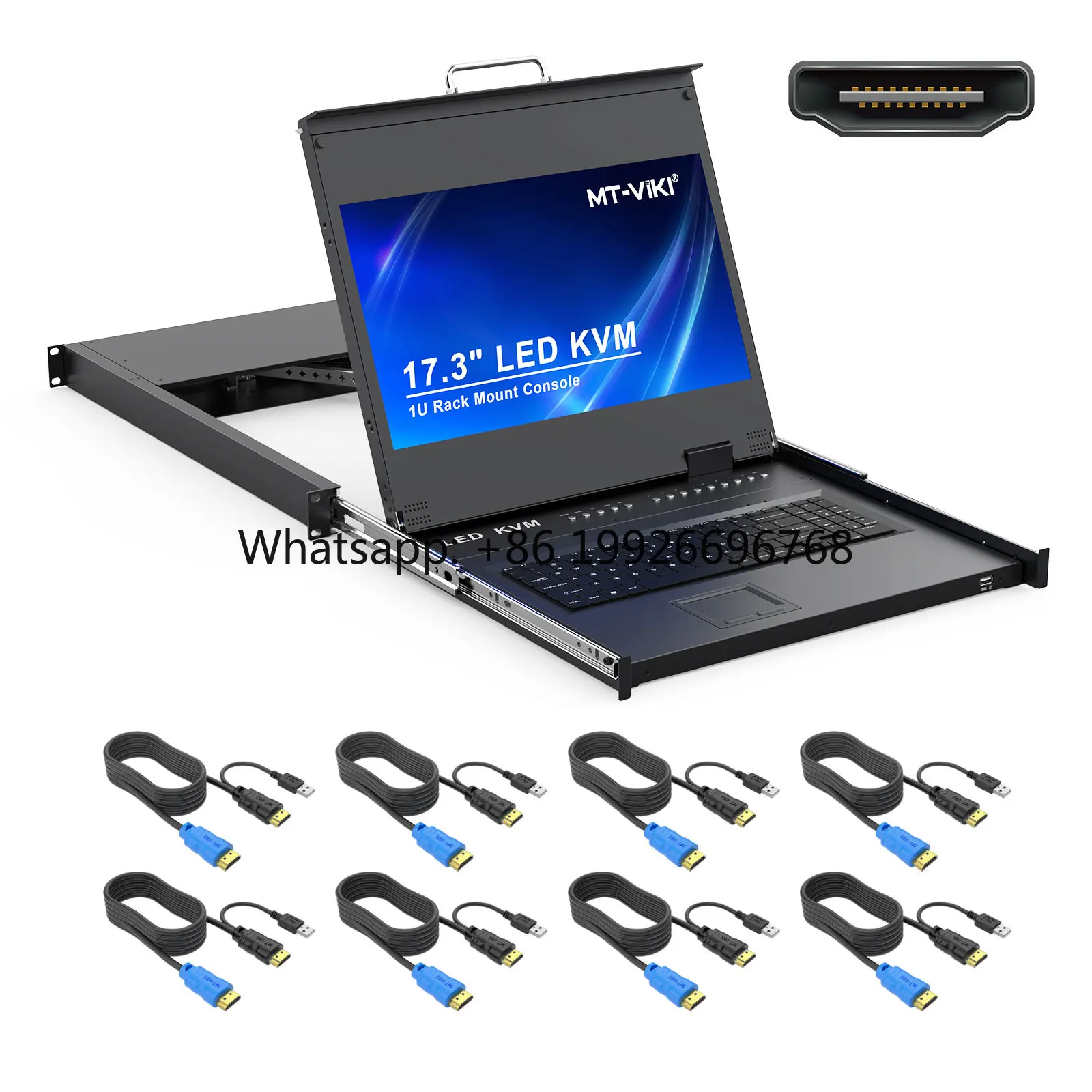 KVM Rack Mount HDMI with 17.3'' LCD Monitor, 1080P60Hz Support OSD/Hotkey, Included 8 KVM Cables