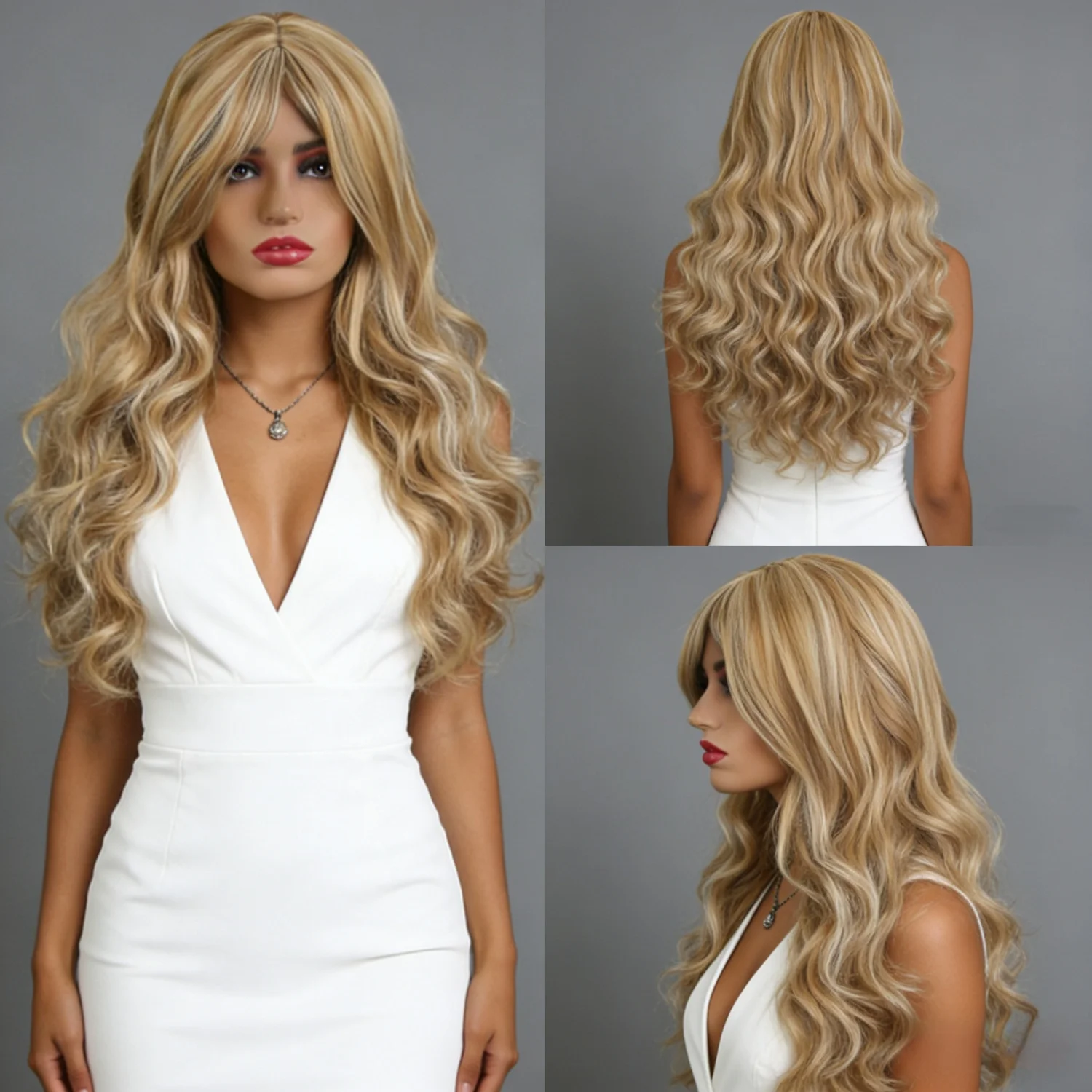 

Long Wavy Layered Wig Synthetic Hair Wigs Cosplay Wig With Bangs Highlighted Blonde Wigs For Women High-temperature Fiber