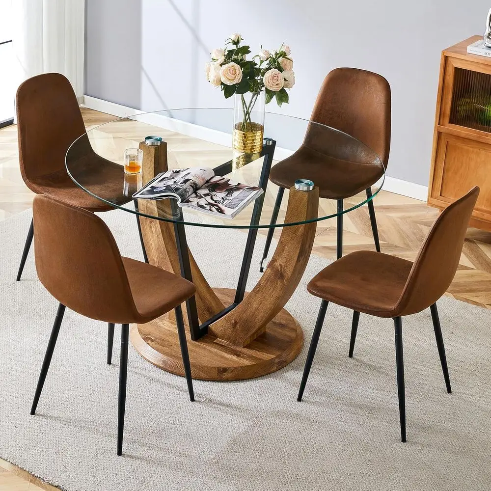 

Round Glass Dining Table Set for 4, 48 Tempered Glass with Wood Base & 4 Brown Chairs, 5-Piece Compact Dining Set
