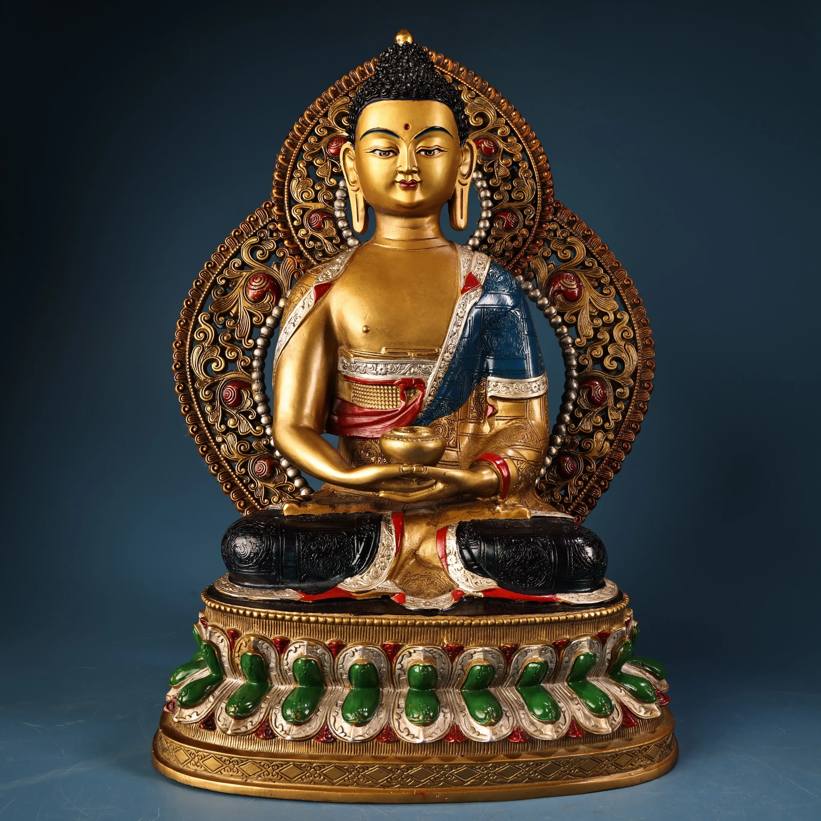 Tibetan brass gilt painted face Sakyamuni infinite life Buddha statue ornament Home Furnishing Hall desktop incense case supplie