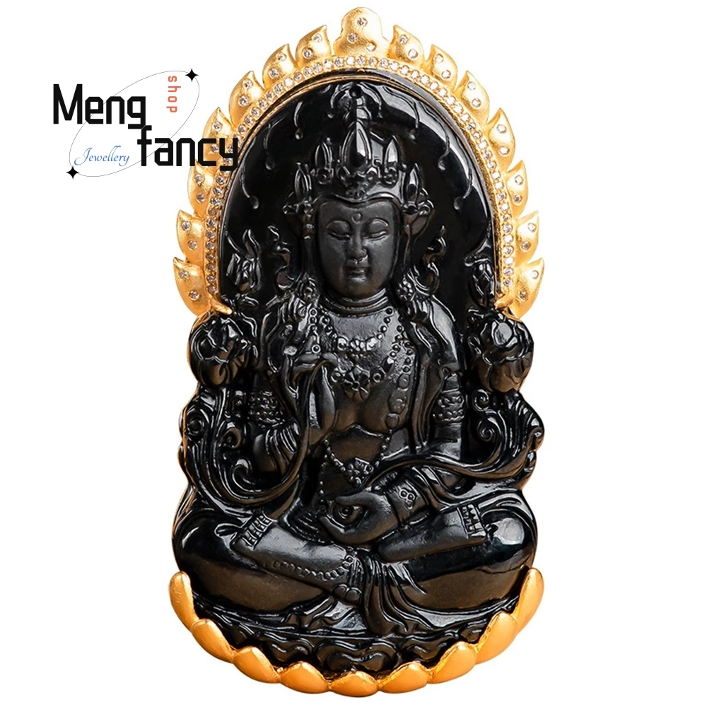 Natural Jade A Goods Guanyin Pendant S925 Silver Inlaid With Ink Jade Luxury Pendant High - Grade Atmospheric Men And Women