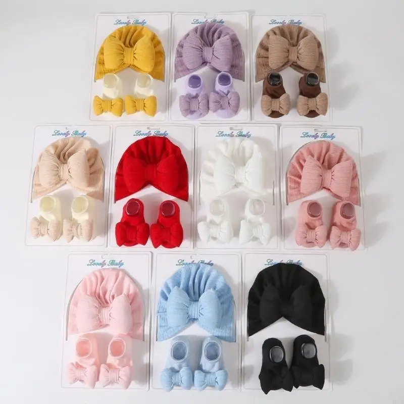Newborn Short Tube Sock with Turban Hat Set Fashionable & for Baby Girls