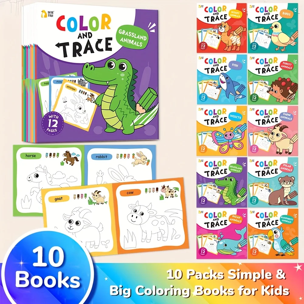 10PCS Fun Coloring Books for Kid Cartoon Animal Coloring Book Activity Travel Toy for Boy Girl Art Painting Set Educational Gift