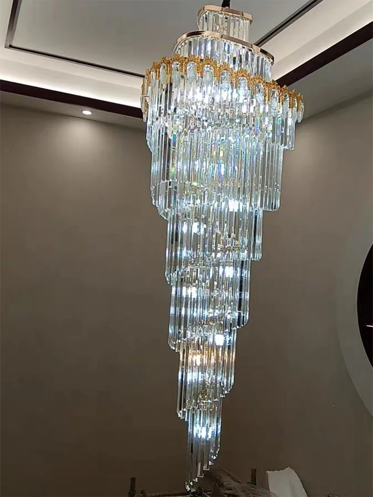 Duplex Building Crystal Chandelier Light Luxury Villa High Hollow Living Room Chandelier Spiral Staircase Lamp Long Chandelier
