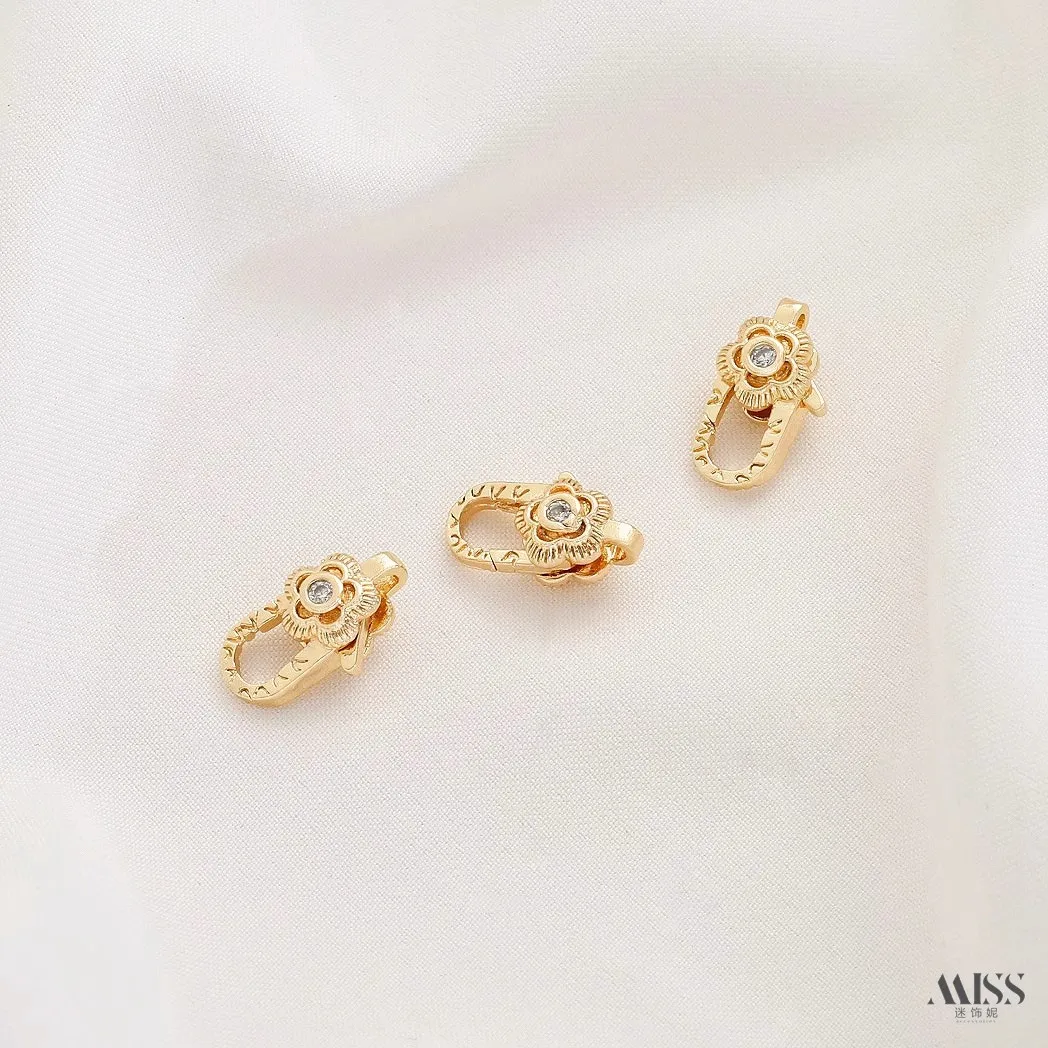 14K Gold Plated，Zircon Inlaid Carp & Plum Blossom Lobster Clasp，Spring Ring，DIY Handmade Bracelet Necklace Connector Findings