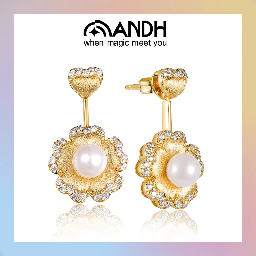 

ANDH Fashion Gold Pearl Flower Earrings for Women Wedding Party Jewelry Luxury Zircon Stud Dangle Earrings Female Accessories