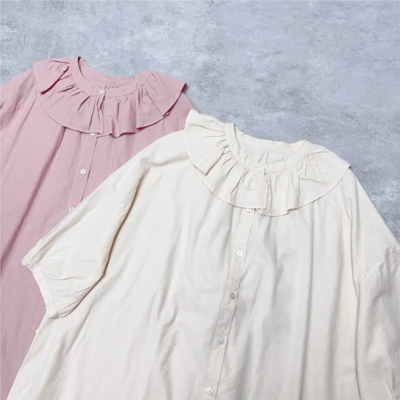 Johnature Japońska Sukienka Koszulowa z Bawełny i Lnu z Falbankami przy Kołnierzu, Letnia Nowa Sukienka z Krótkim Rękawem, Luźna, Codzienna, w Jednolitym Kolorze, Prosta Sukienka Koszulowa Damska