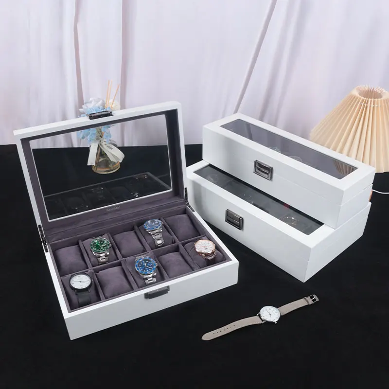 1PC 6/10/12Slot White Watch Case With Large Glass Lid, Removable Watch Pillows Watch Boxbirthday Present