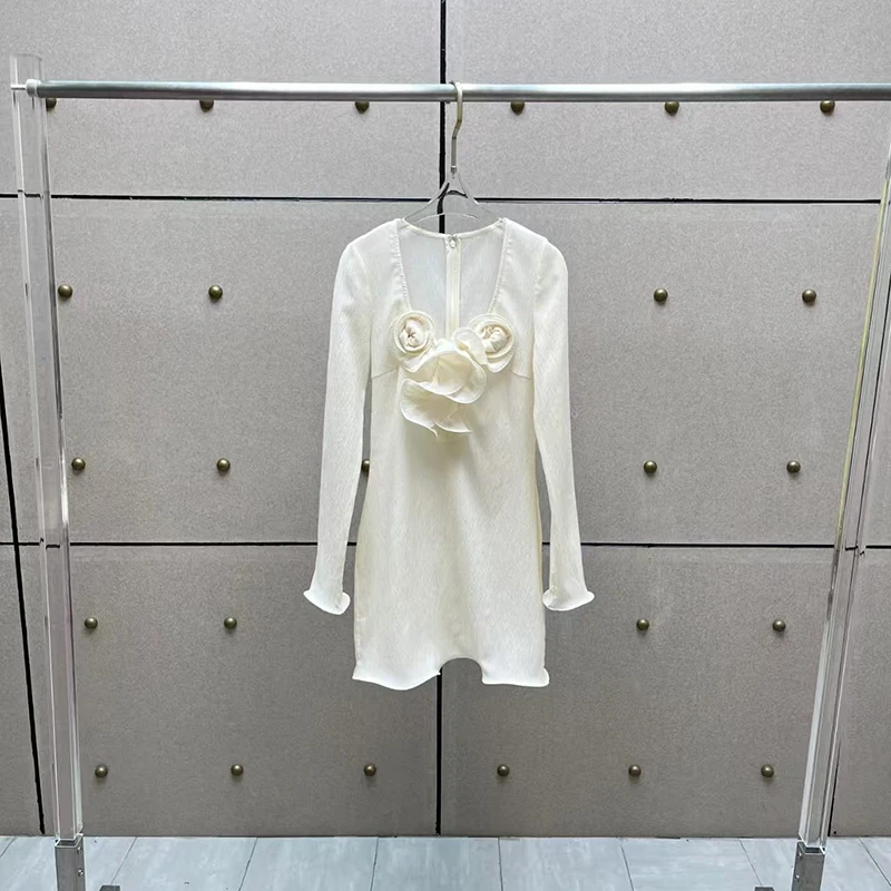 فستان نسائي زهري مطوي، تنورة قصيرة بأكمام طويلة ورقبة على شكل حرف U، فستان سهرة عصري ومثير شبه شفاف، خريف، جديد