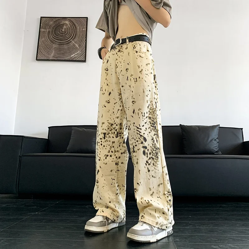 

Men's Leopard Print Jeans Wide Leg Straight High Street Denim Pants Male Handsome Trousers 2024 American Street New Tide