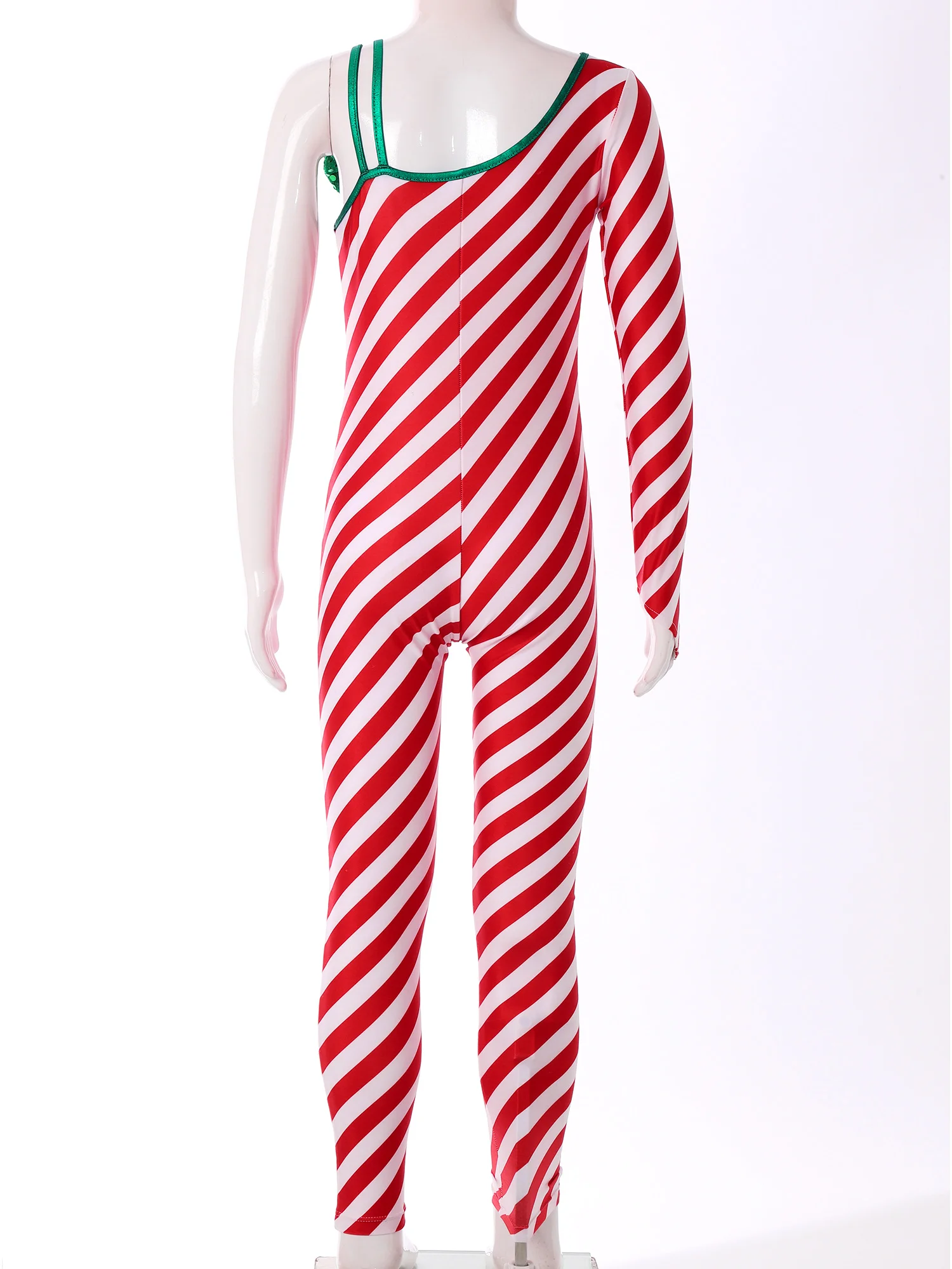 Meisjes Xmas Candy Cane Kerstkostuum Kids One Shoulder Gestreepte Unitard Jumpsuit Ballet Dance Cheer Party Performance Kostuum