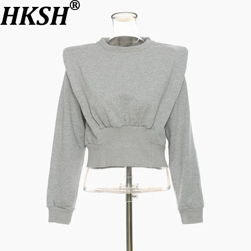 

HKSH весенне-осенний новый женский свитшот с круглым вырезом и подкладкой на плечах, на талии, с длинными рукавами, однотонный элегантный шикарный топ HK15339