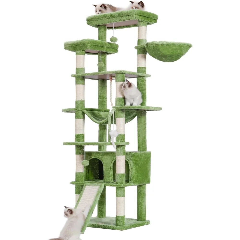 

Cat Tree, 78 inch indoor cat multi-level tower, 2 wide plush apartments with writing boards and large caves