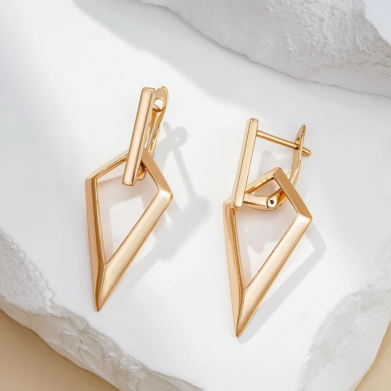 Kinel Fashion Glossy Hollow Rhombus Long Drop Earrings for Women 585 Rose Gold Simple Metal Bride Wedding Daily Party Jewelry