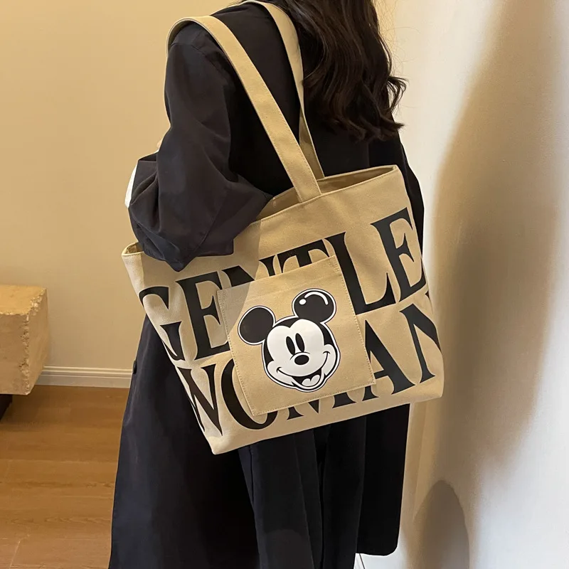 Disney 2024 New Large Capacity Canvas Bag Women\'s Trendy Cartoon Mickey Tote Bag College Student Class Shoulder Tote Bag