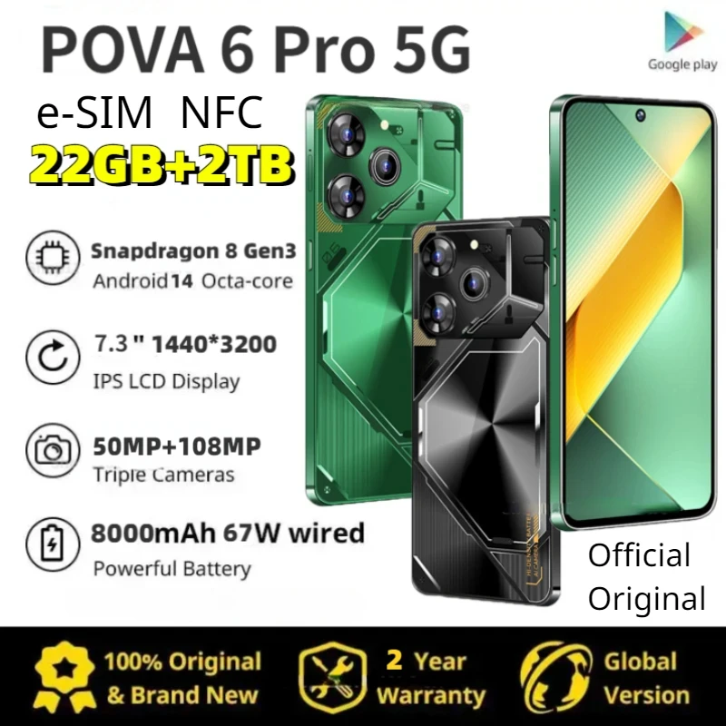 

Original Pova 6 Pro 5G Dimensity9200 7.3-in 16G+1TB Dual-SIM 50+108MP Fingerprint Unlock E-SIM NFC Face Unlock Satellite Calling