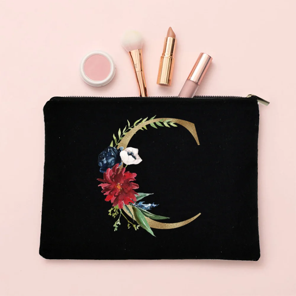 Canvas Travel Makeup Bag with 26 English Letters Bridesmaid Gifts Makeup Bag for Her Bridal Party Maid of Honor Gifts