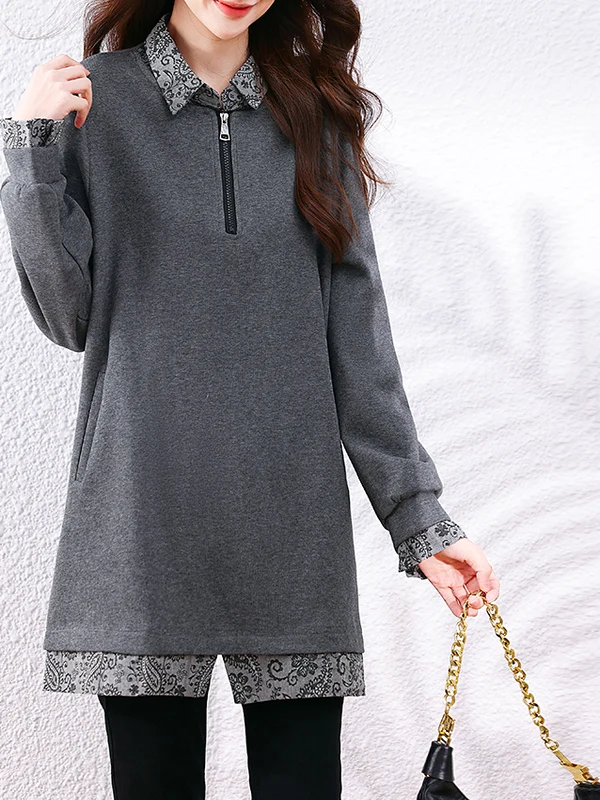 

Женская толстовка больших размеров с ретро-принтом и эффектом двухслойности, с длинными рукавами, воротником на молнии, средней длины, повседневная.