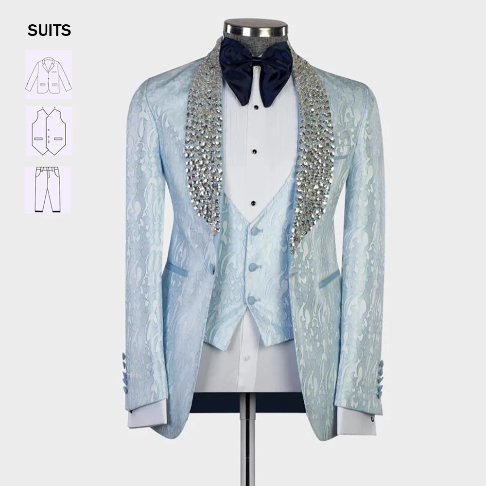 

Elegant Man Suits Formal Party Sliver Beads Lapel Groom Wedding Tuxedos Plus SIze Male Fashion Jacquard Blazer Vest Pants 3 Pcs