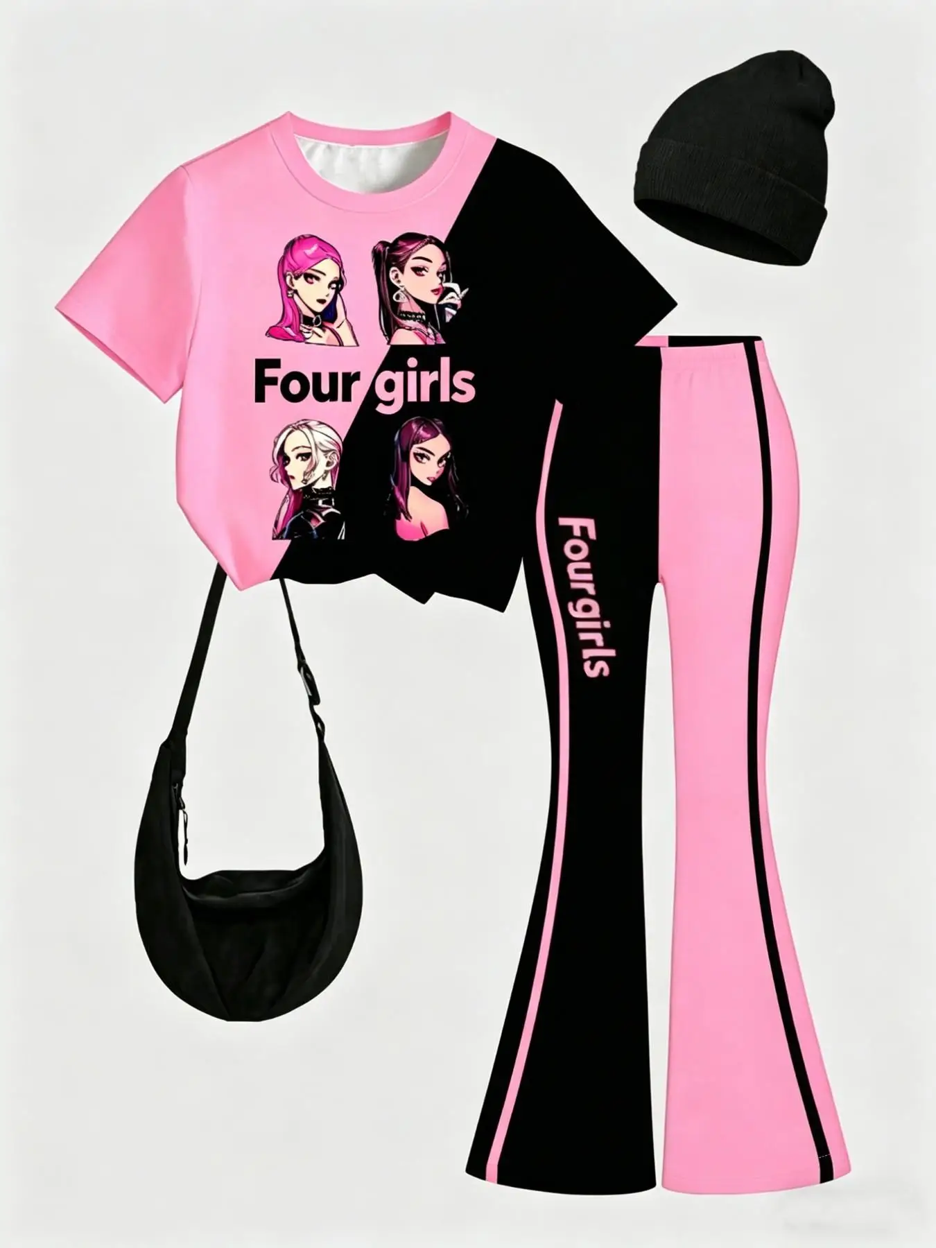 Sommer-Freizeitoutfit für Mädchen, bedrucktes Kurzarm-Set für Kinder, zweiteiliges Set mit schwarzem und rosa Patchwork-T-Shirt + ausgestellter Hose, trendige, vielseitige Kleidung mit Cartoon-Print, geeignet für Mädchen ab 3 Jahren – Detail 3