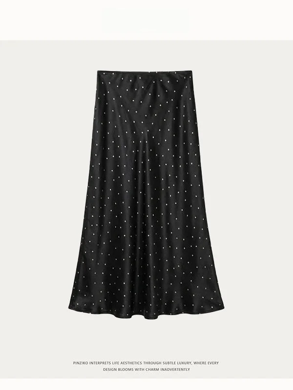 

Юбка PINZIKO с высокой талией, черная, в горошек, с принтом, французский стиль, женская модная юбка А-силуэта из ацетатного волокна