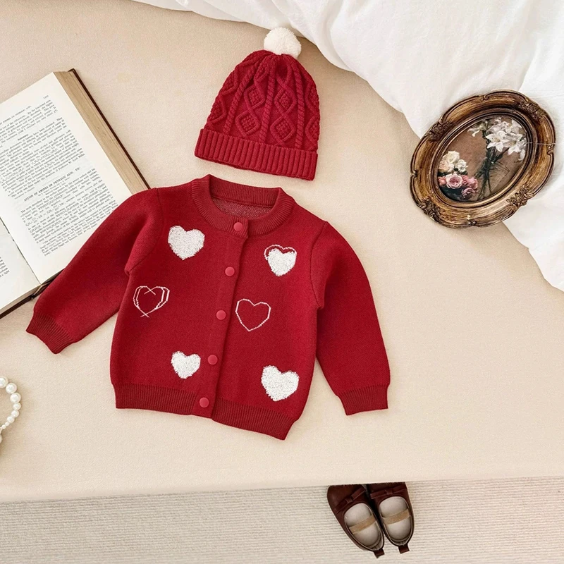 عيد الميلاد الوليد طفلة محبوك الخريف سترة طويلة الأكمام الشتاء سترة الصلبة فضفاض القلب بلايز عادية 3M-6Y الاطفال الملبس #5