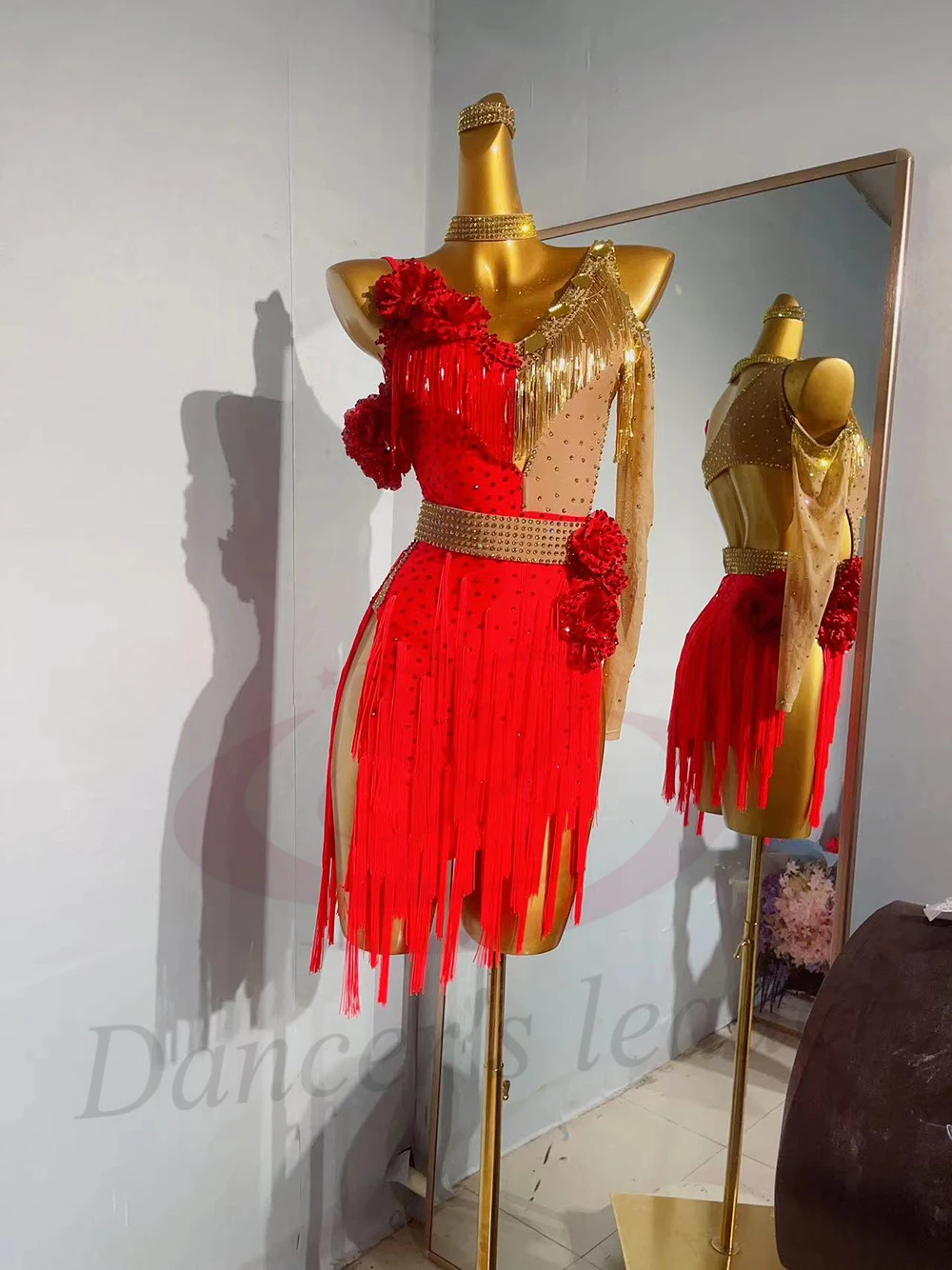 Vestido de dança latina para adultos e crianças, pedra ab, personalizado, flor vermelha, borla, preto, piscina, tango, vestido feminino