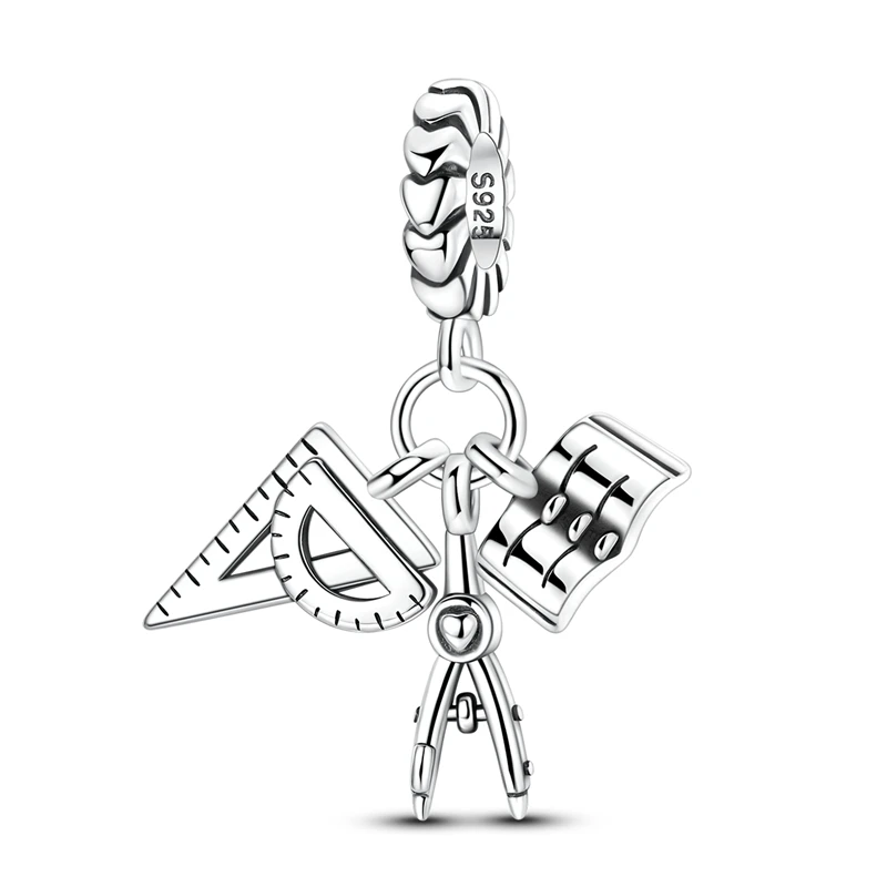 925 Sterling Silver Ruler Book and Compass Charms Bead CZ Zirconium Love Dangle Fit Original Bracelet DIY Women Jewelry Gift