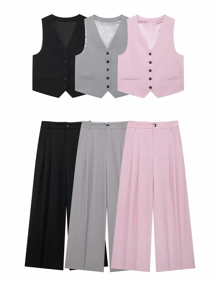 KAOPU ZA Women with tab v-neck waistcoat or double pleat high-waist side pockets wide-leg trousers two pieces sets mujer