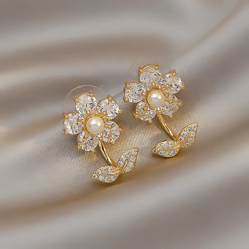 Neues Design Süße Strass-Blumen-Ohrstecker für Frauen Elegante Imitationsperlen-Kristall-Zirkon-Ohrringe Koreanischer Partyschmuck – Detail 8