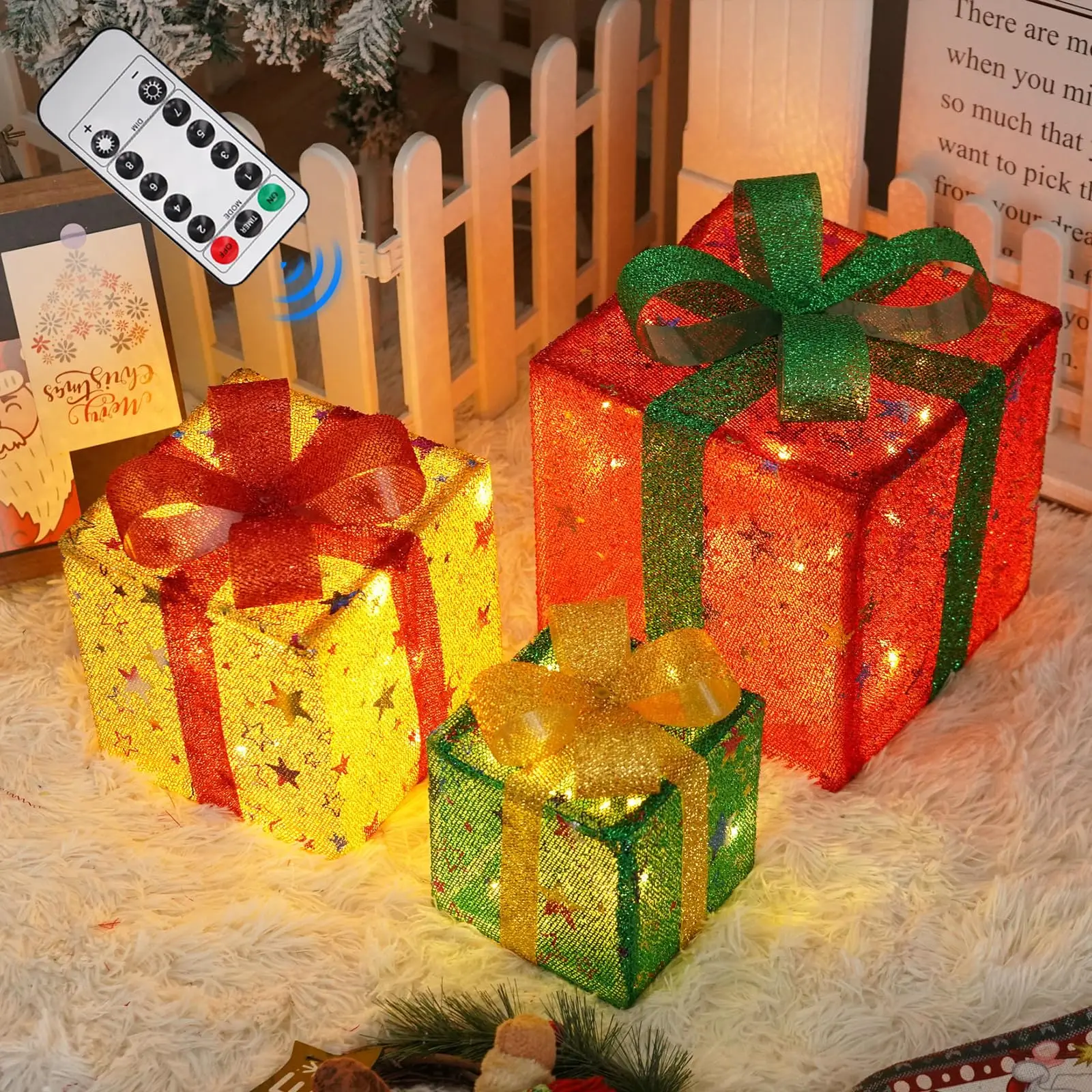 Set of 3 Christmas Lighted Gift Boxes with 50 LED Lights, Dual Control Modes Pre-Lit Boxes Decorations, Battery-Powered Lighted