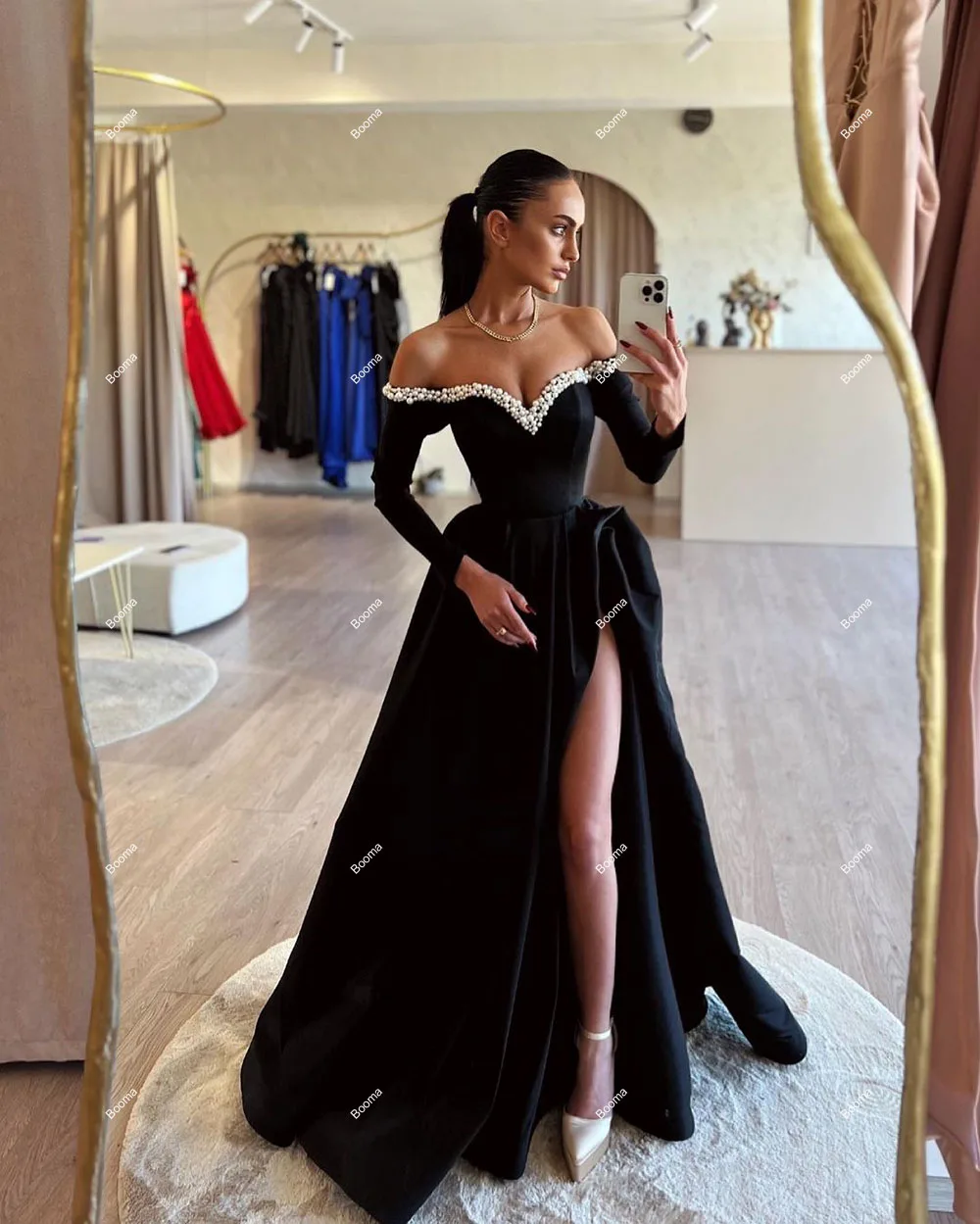 Booma A-Line Black Prom Dresses Sweetheart Pearls Party Evening Dresses for Women High Side Slite Formal Occasion Gowns