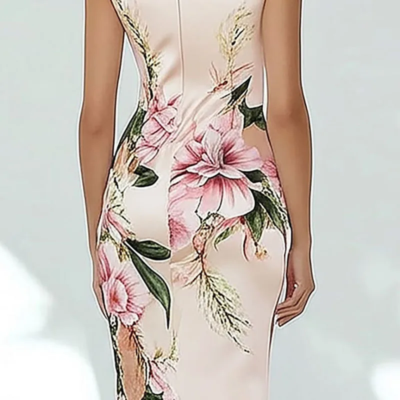 الصيف بلا أكمام عودة زيبر فستان مناسبات موضة الأزهار المطبوعة سليم Bodycon فستان الحفلات امرأة أنيقة الخامس الرقبة تخفيف فساتين #2