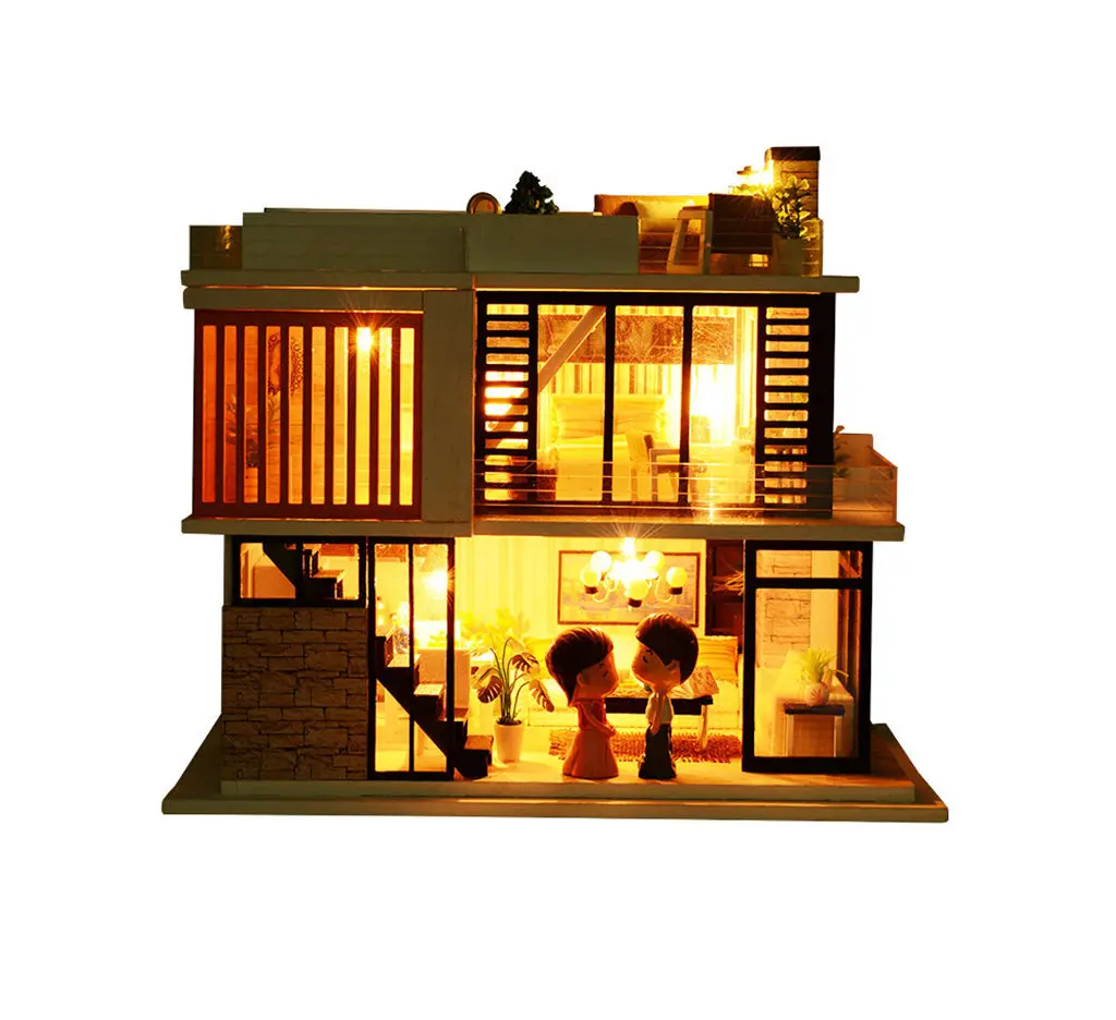 Kit de Villa de bricolage de Style européen moderne, modèle de maison 3D inspiré de la floraison avec intérieur lumineux et piscine de toit, artisanat de Puzzle assemblé à la main